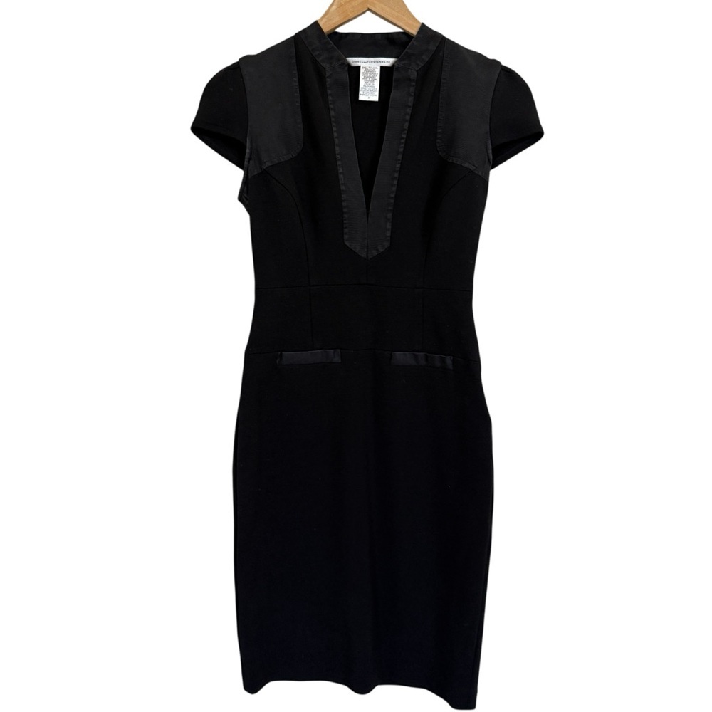Dian Von Furstenberg Women’s Black Wool Blend Midi Dress Cap Sleeve Size 2